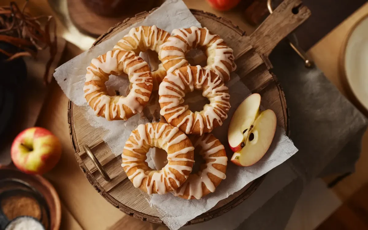Golden baked apple fritters with icing
