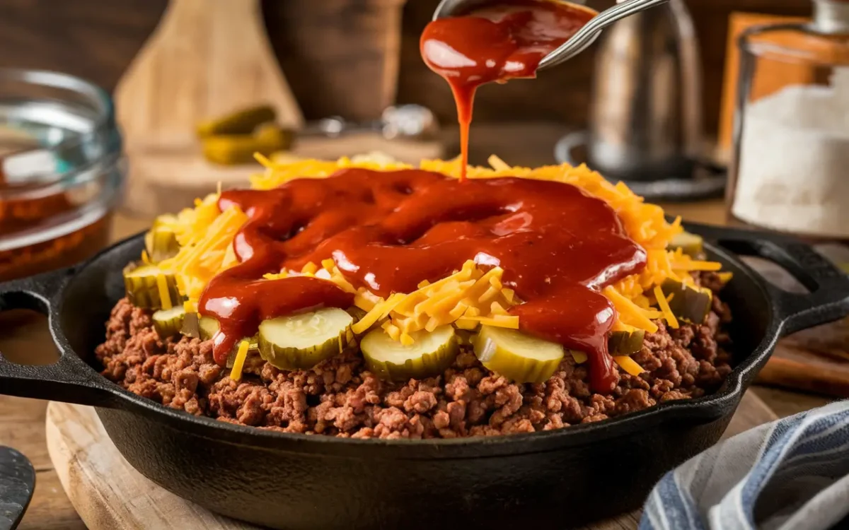 Layering beef, cheese, and pickles in casserole