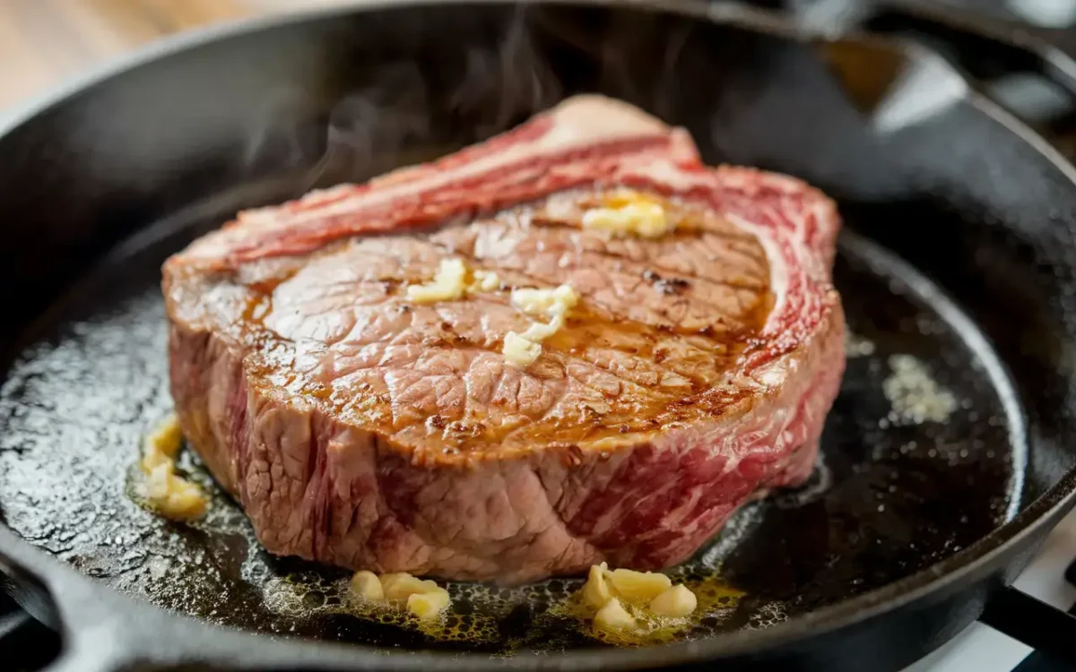 Prime ribeye being pan-seared in skillet