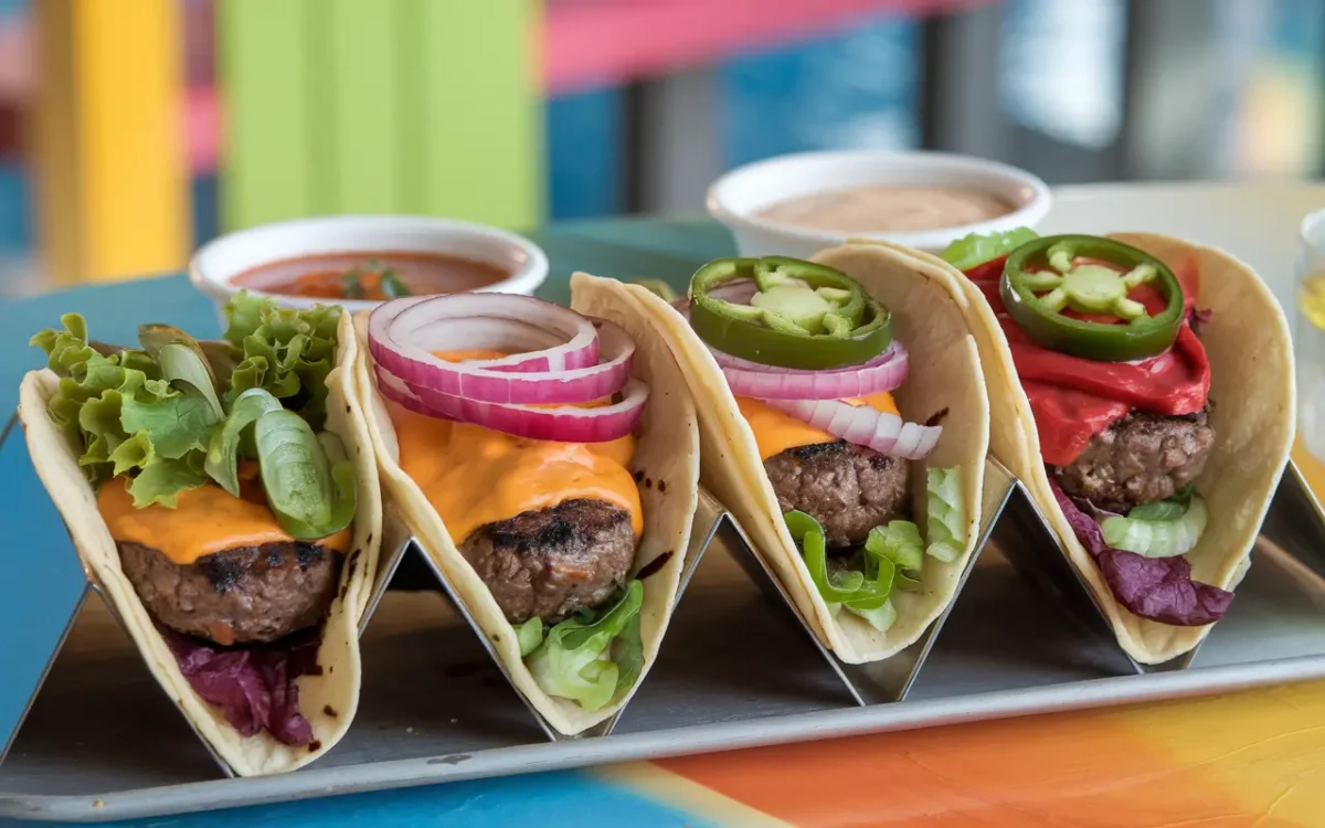 Variety of smash burger tacos with different toppings