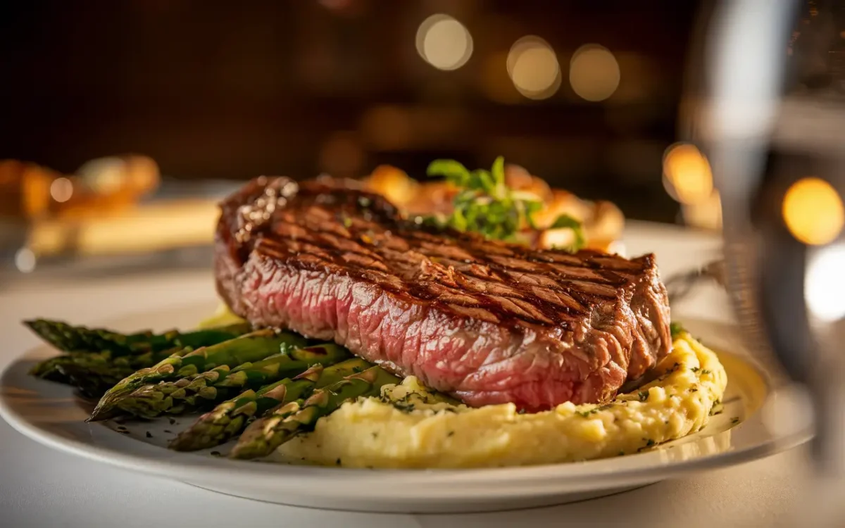 Seared prime New York strip steak with sides