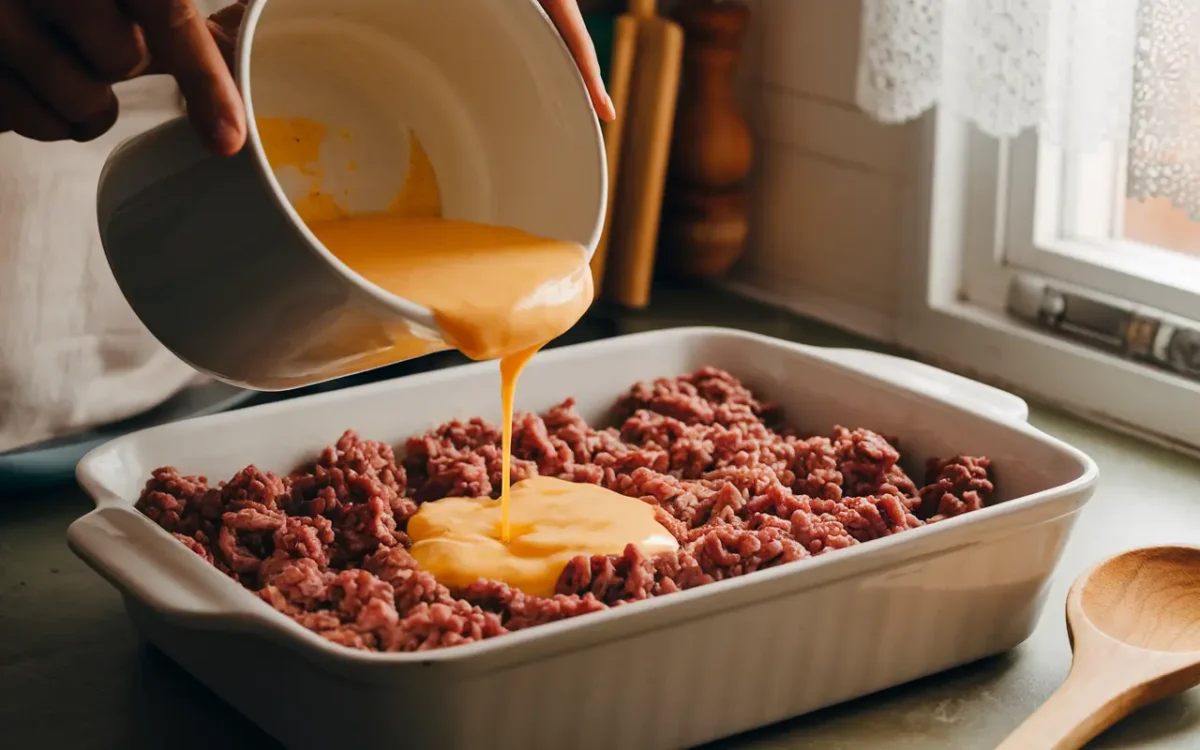 Assembling keto cheeseburger casserole