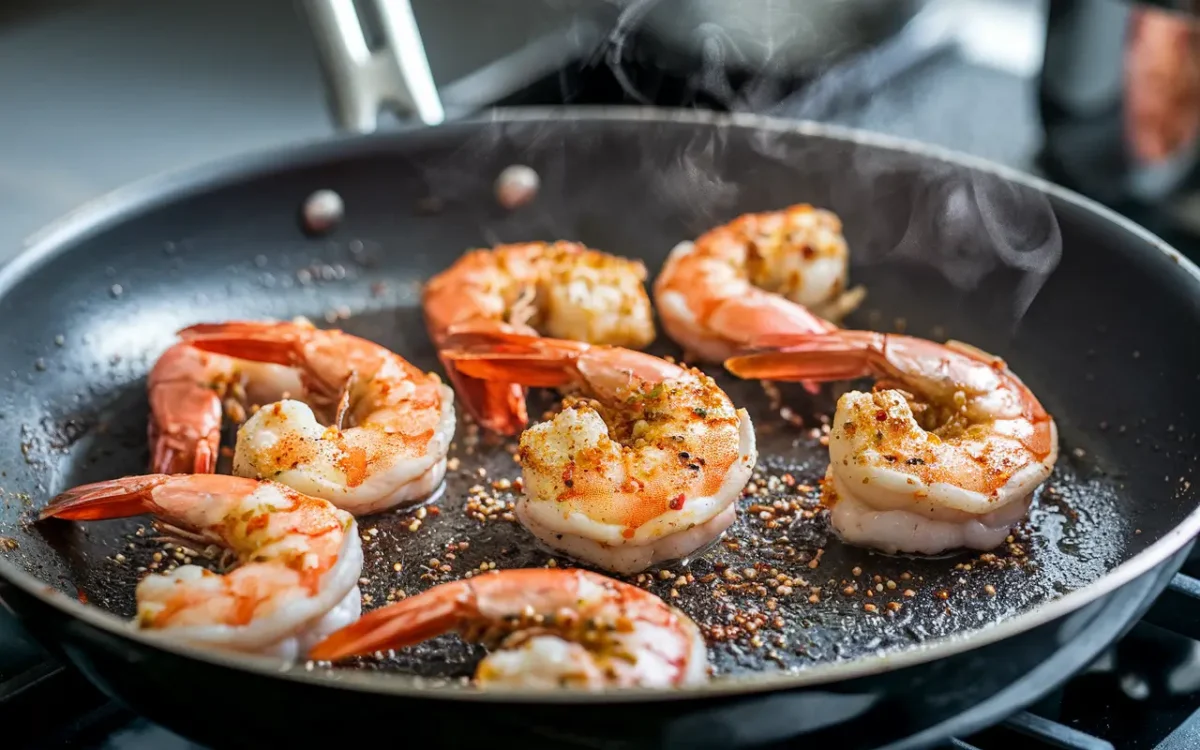 Shrimp being sautéed in Cajun seasoning