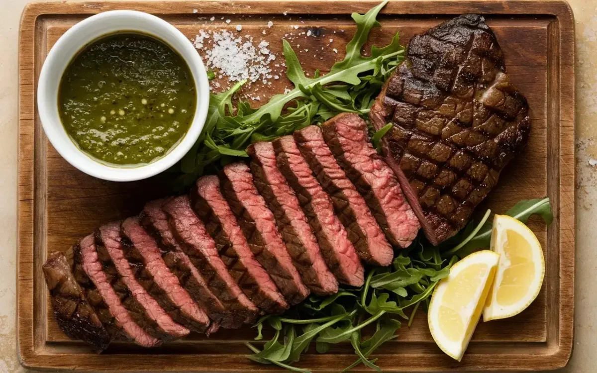 Grilled Skirt Steak Recipe sliced with chimichurri sauce