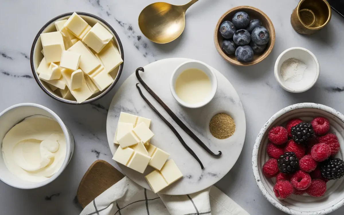 White chocolate mousse ingredients on marble surface
