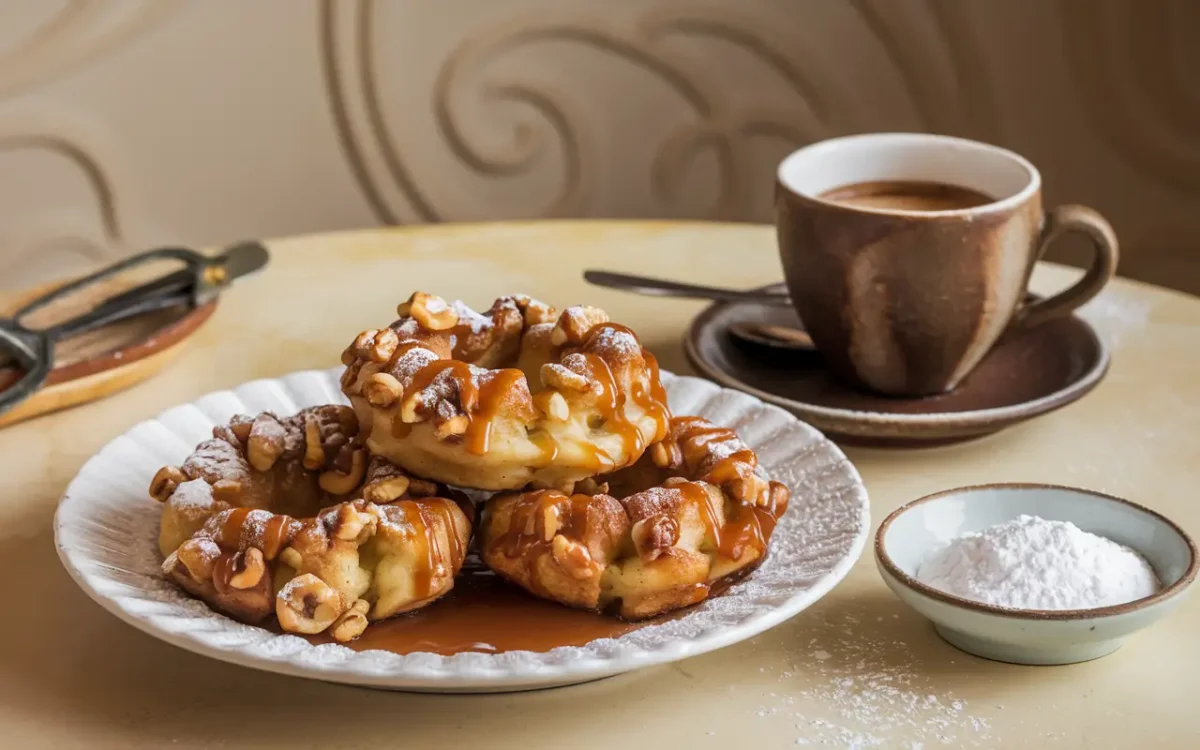 Apple fritters with toppings and coffee