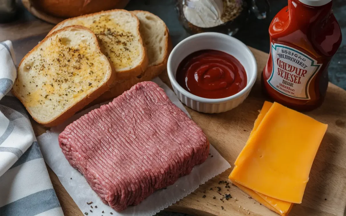 Flat lay of ingredients used for making Texas Toast Sloppy Joes