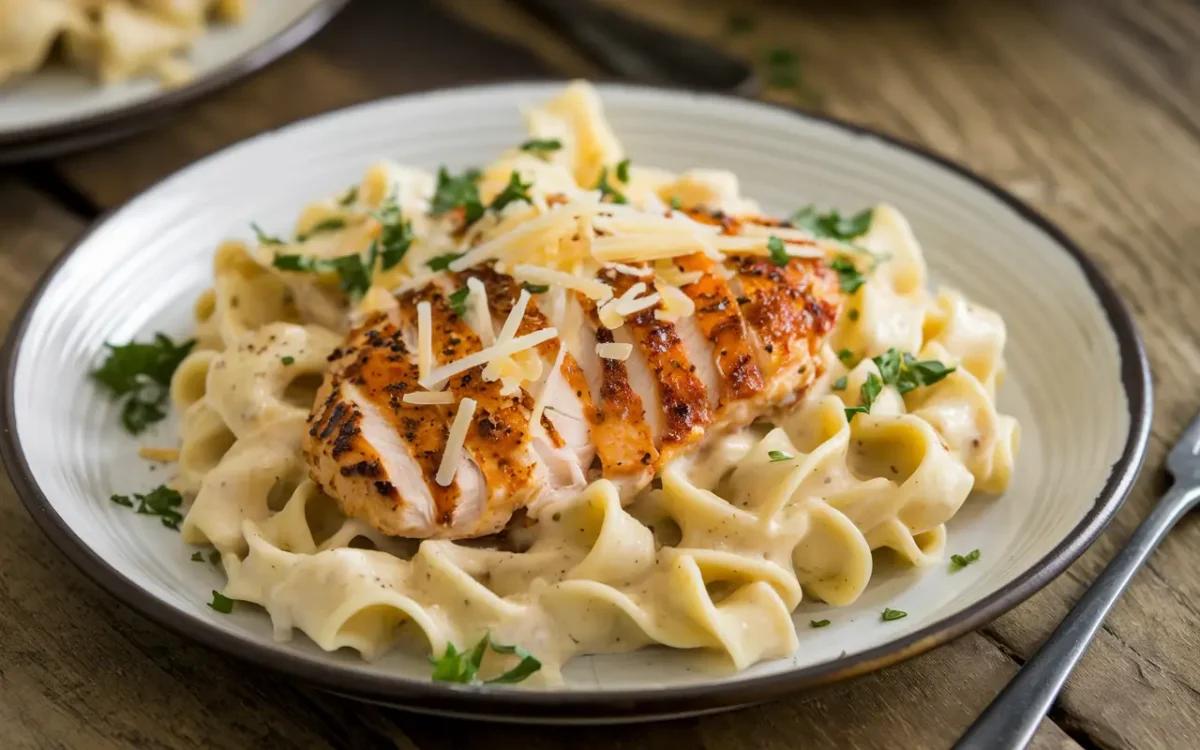 Plated blackened chicken Alfredo pasta ready to serve