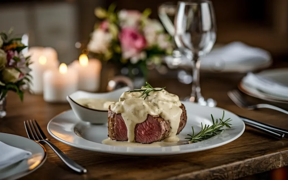 Filet mignon sauce steak with béarnaise sauce on rustic table
