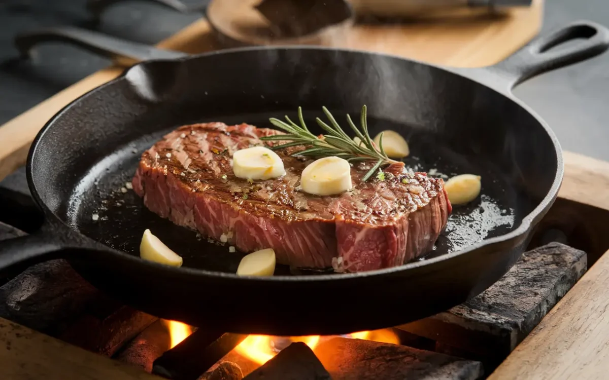 Searing prime NY strip steak with garlic and rosemary