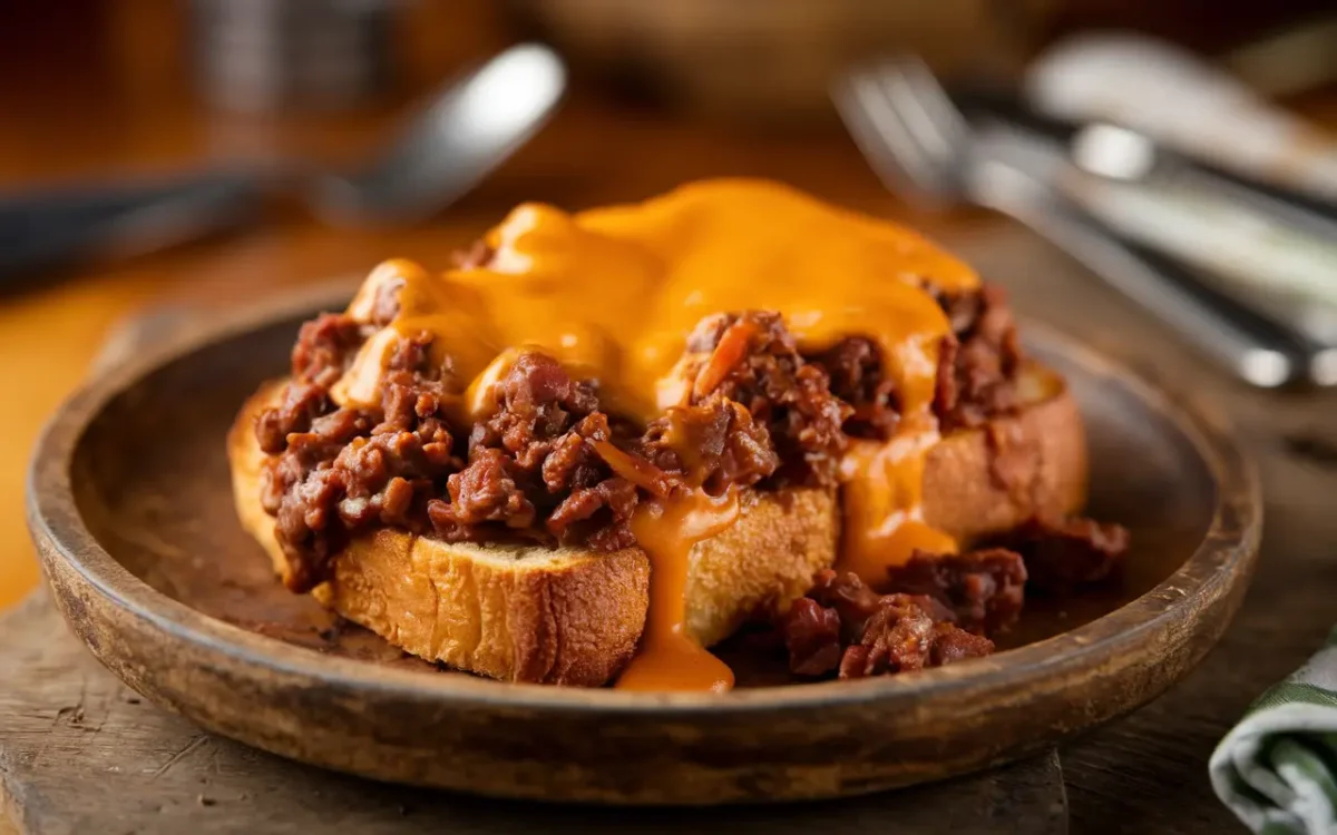 Texas Toast Sloppy Joes served on a plate with melted cheese