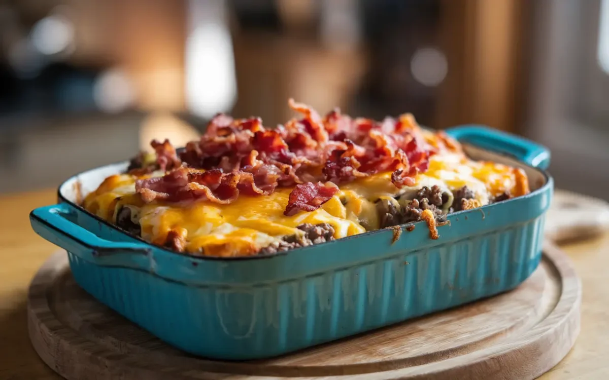 Keto cheeseburger casserole fresh out of the oven