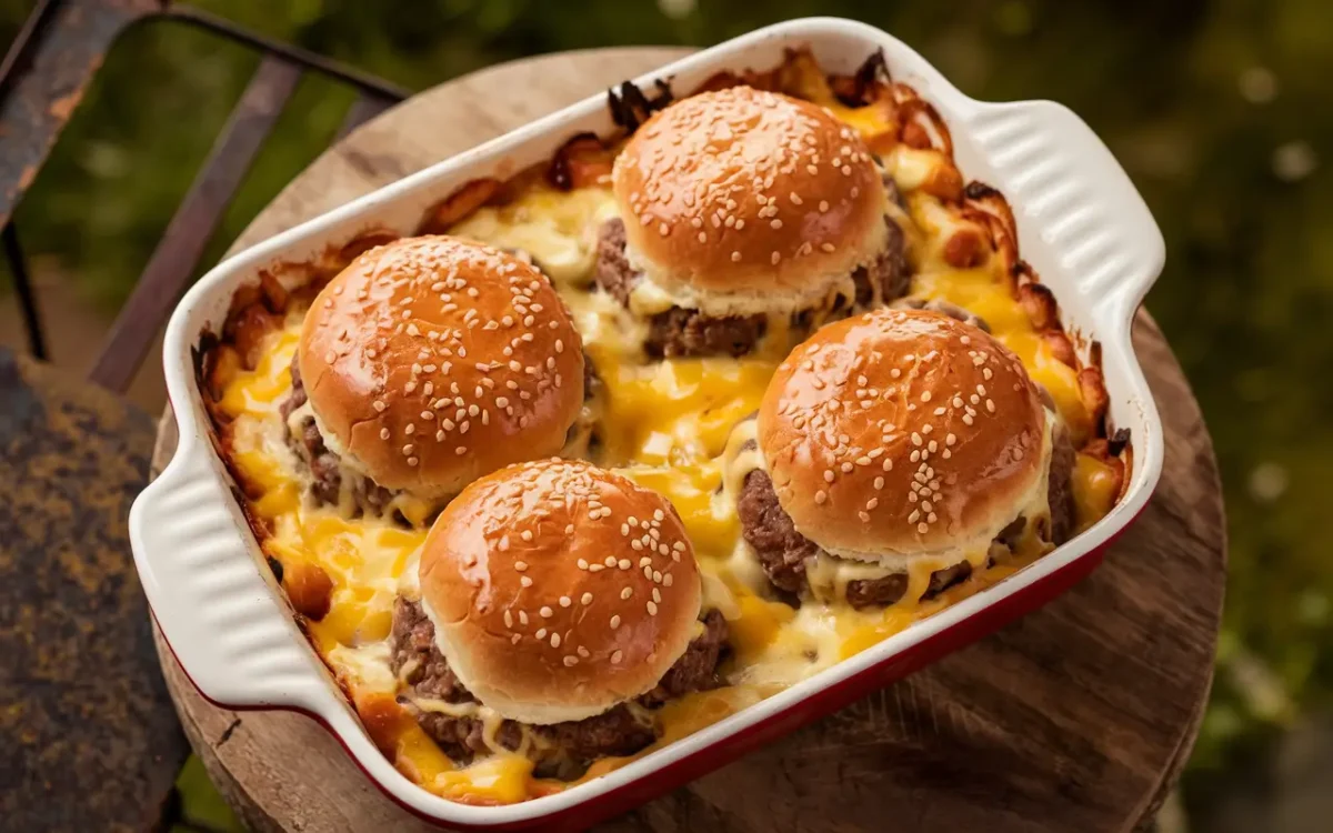 Cheesy Big Mac casserole fresh out of the oven