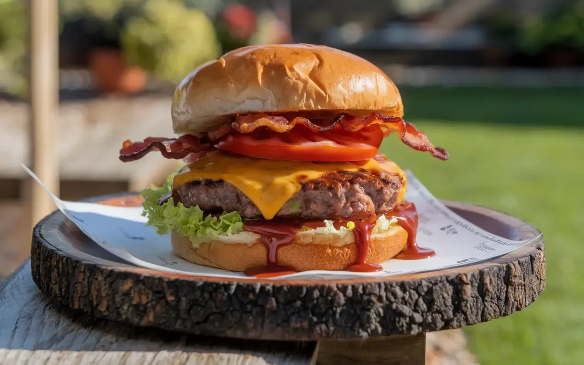 BBQ Burger Recipe with toppings on rustic plate