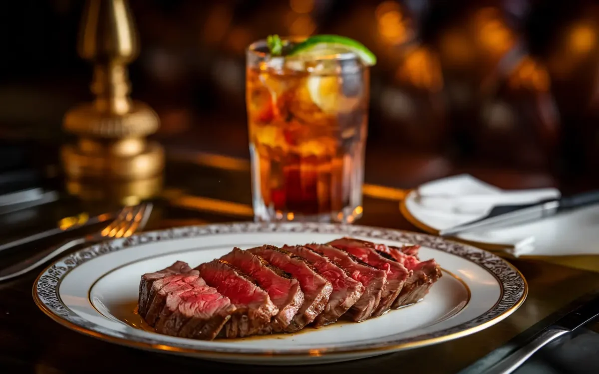 Sliced prime New York strip served with tea
