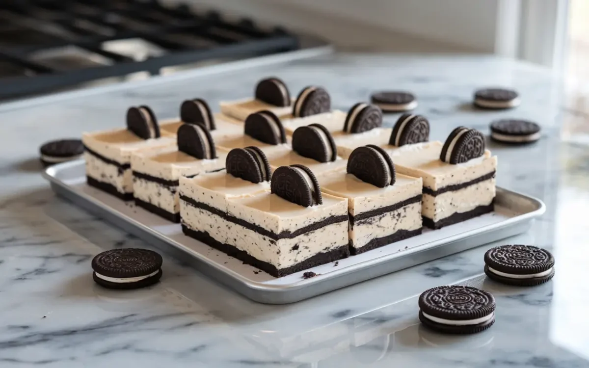 No-Bake Oreo Cheesecake Bars on tray