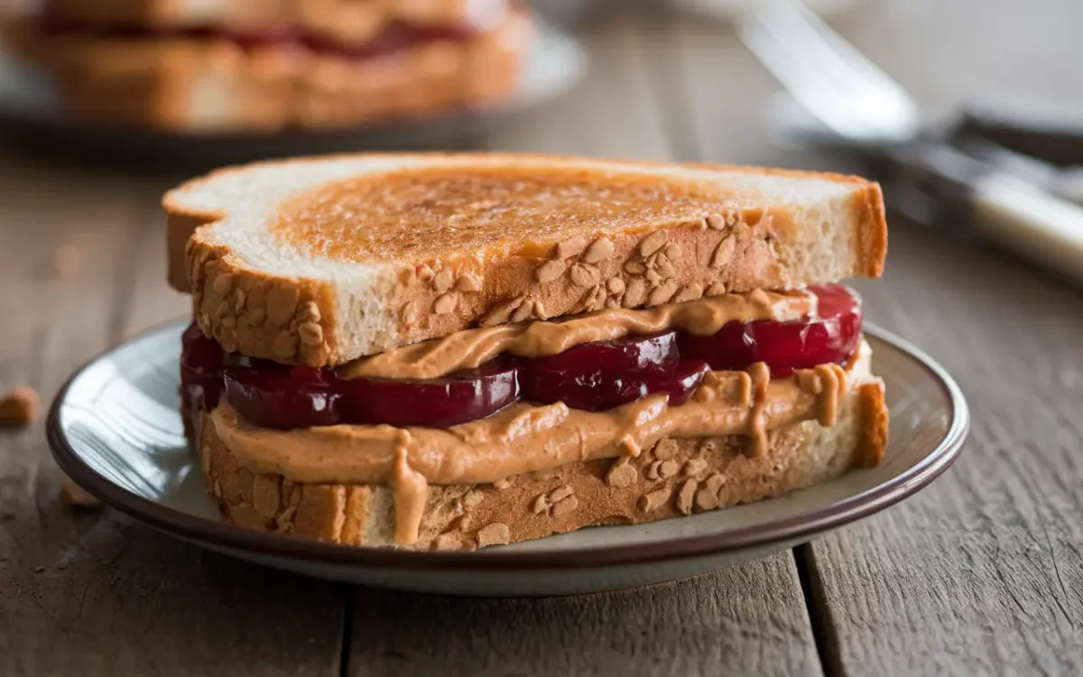 Classic Smuckers peanut butter and jelly sandwich