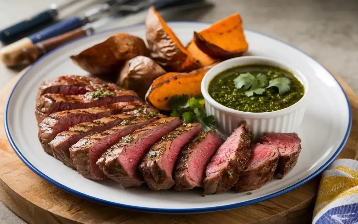 Grilled skirt steak with sweet potatoes and chimichurri