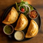 Served empanadas with sauces and salad