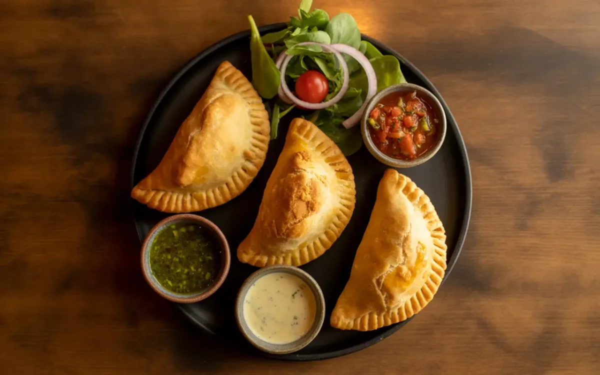 Served empanadas with sauces and salad