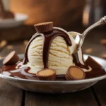 Scoop of vanilla ice cream with fudge and peanut butter cups