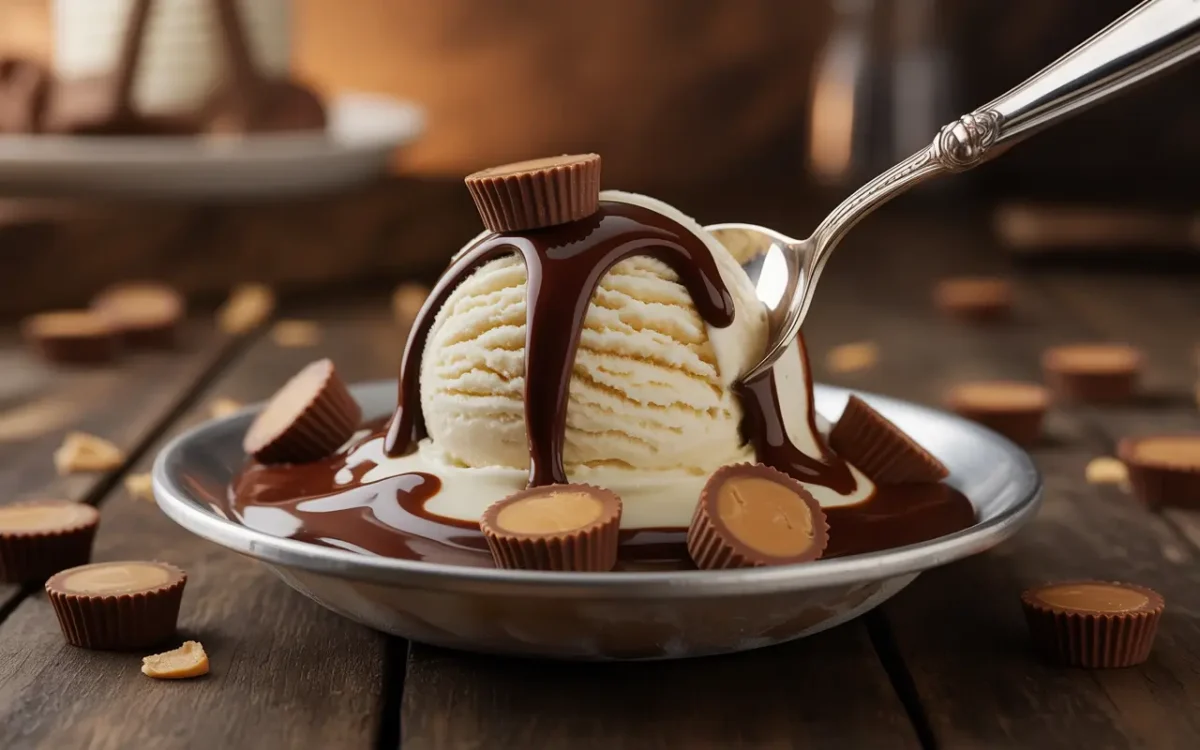 Scoop of vanilla ice cream with fudge and peanut butter cups