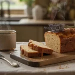 wartime tea loaf with tea and slices on rustic board