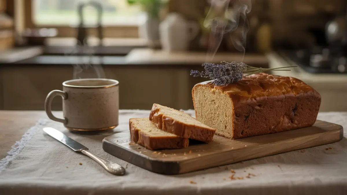 wartime tea loaf with tea and slices on rustic board