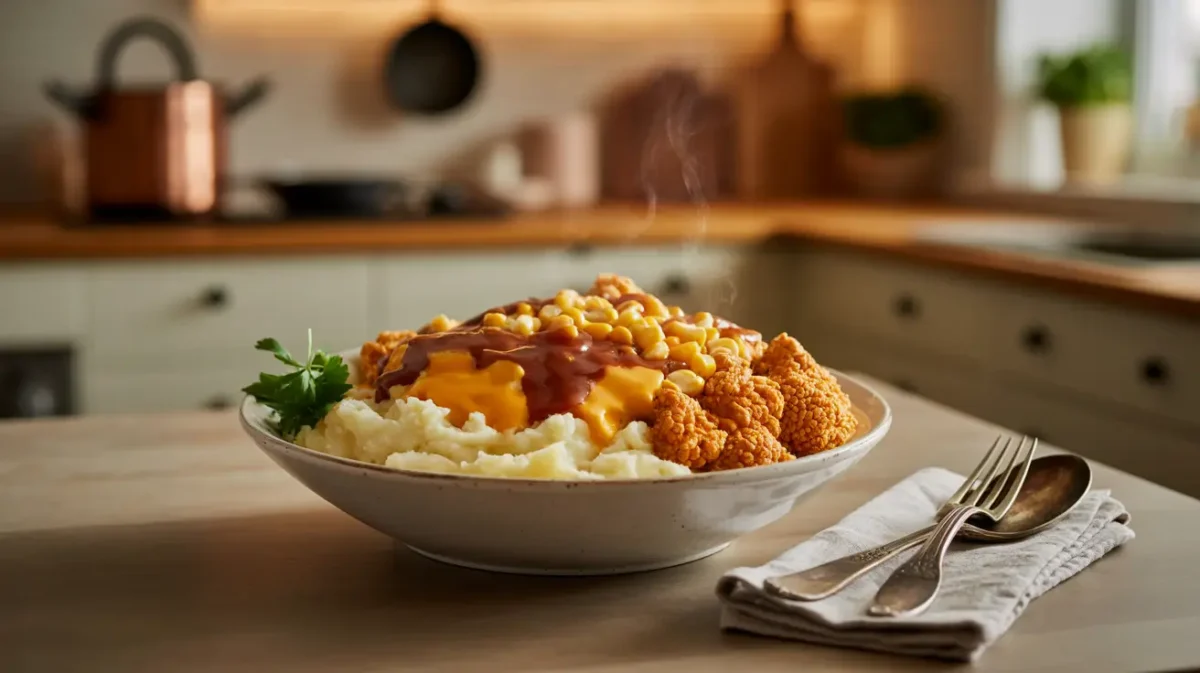 Homemade KFC bowl served in a rustic kitchen