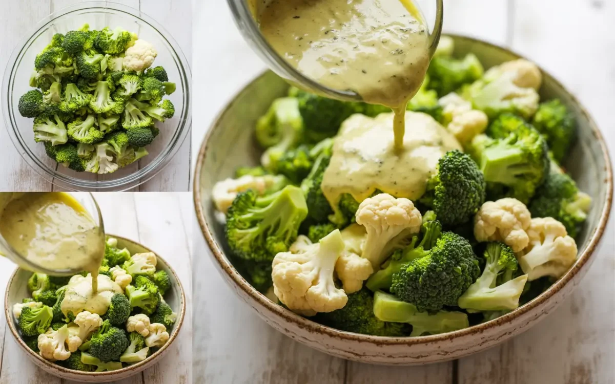 Step-by-step mixing of broccoli cauliflower salad