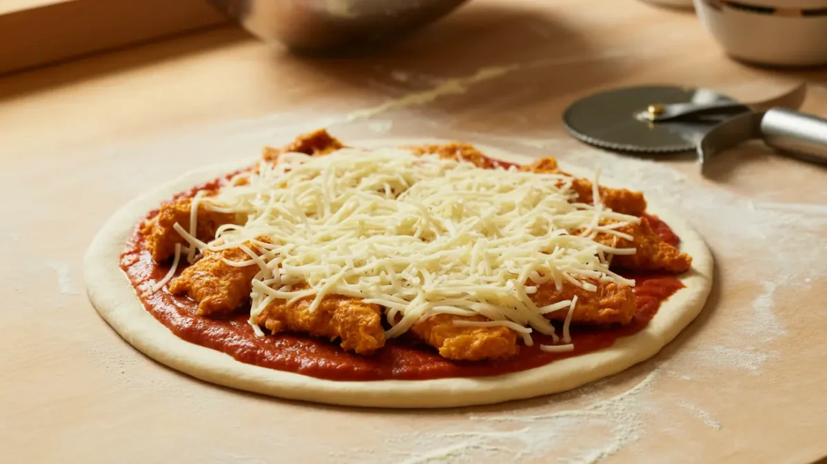 Assembling a Chicken Parm Pizza