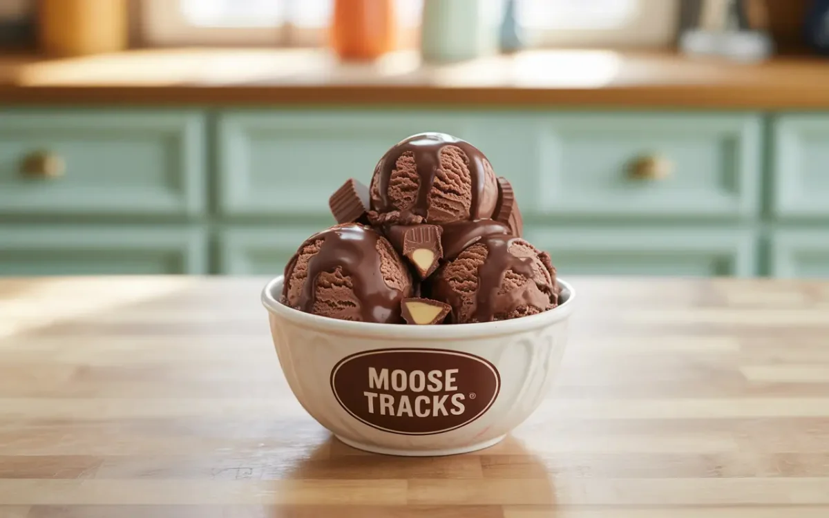 A bowl of moose tracks ice cream with fudge and peanut butter cups