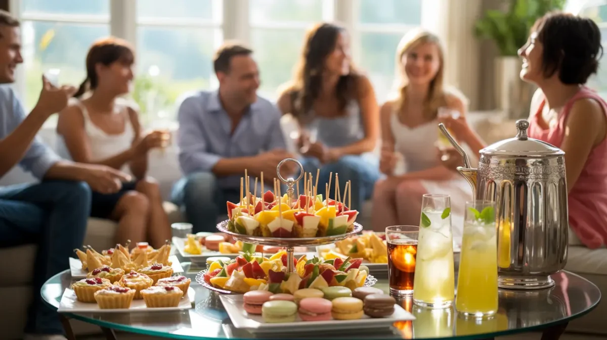 Party table with finger foods and guests mingling