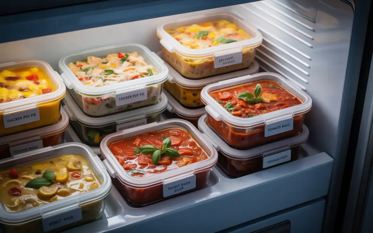 Frozen meals in labeled containers stacked in a freezer