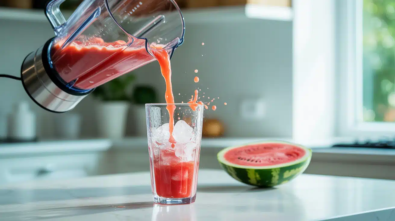 pouring blended watermelon energy drink into glass