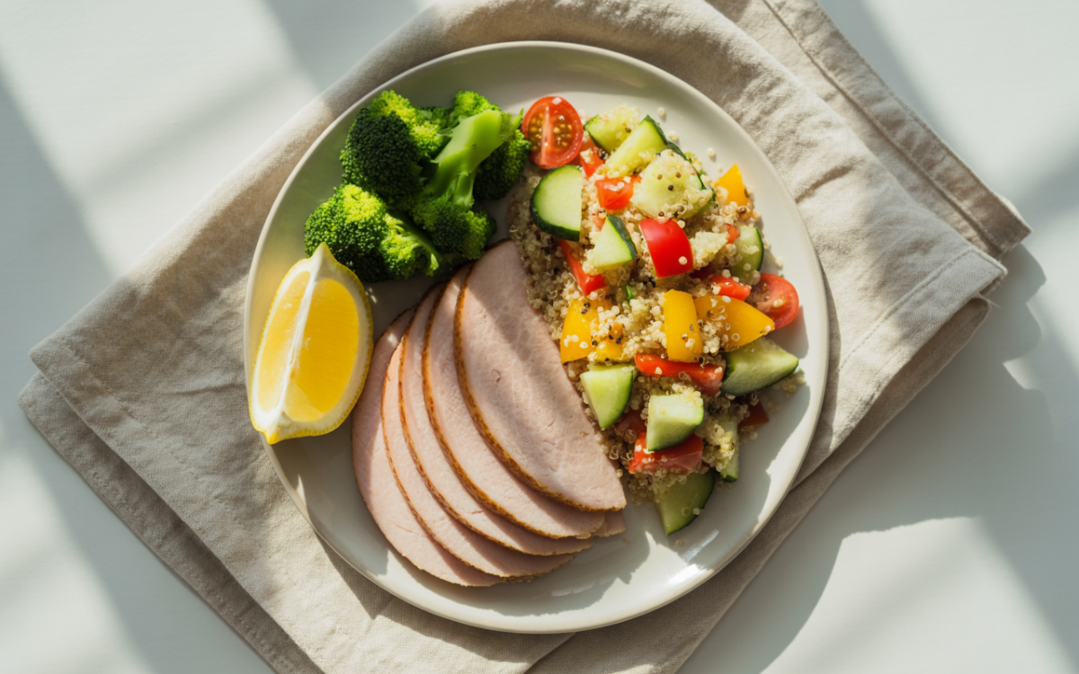 Healthy turkey ham meal plate