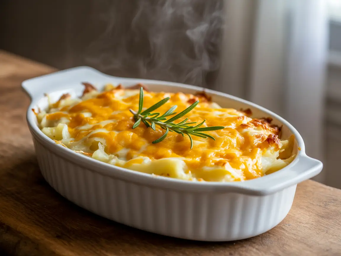Golden cheesy potato casserole close-up