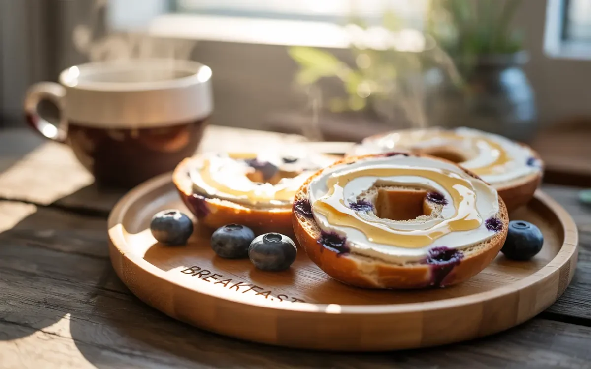 Blueberry bagels with cream cheese and honey