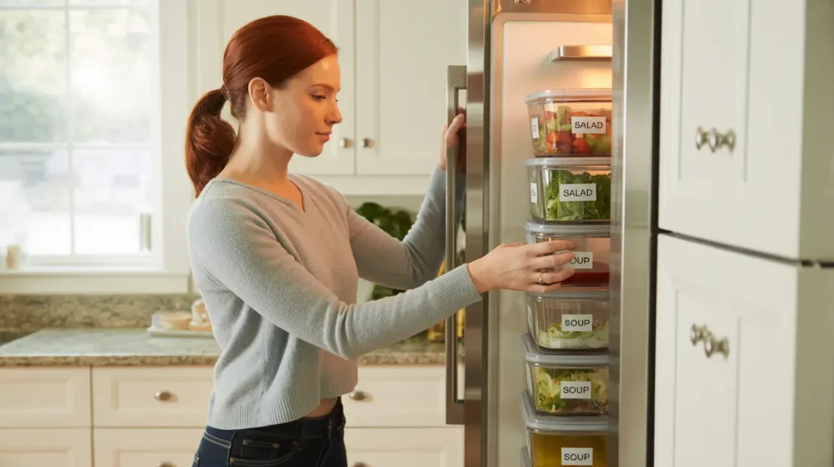 Woman organizing meal prep containers in the fridge
