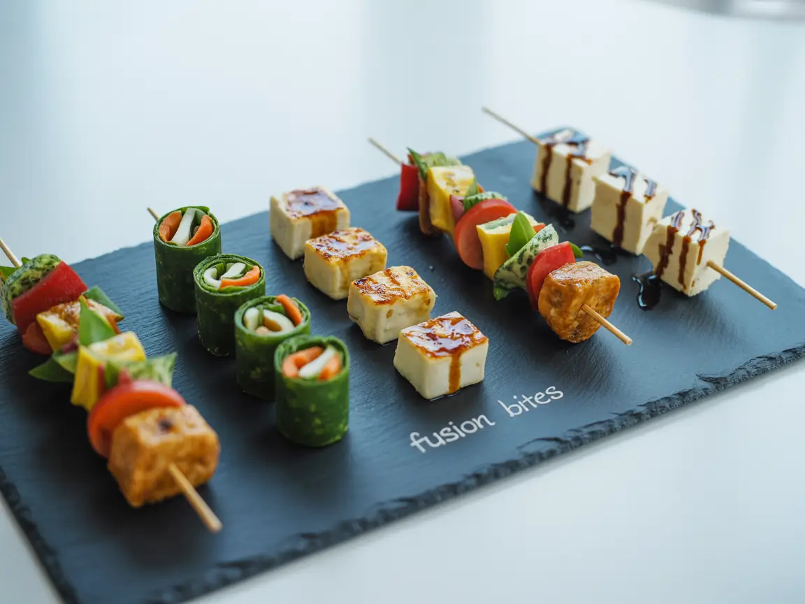 Fusion bites and plant-based skewers on slate platter