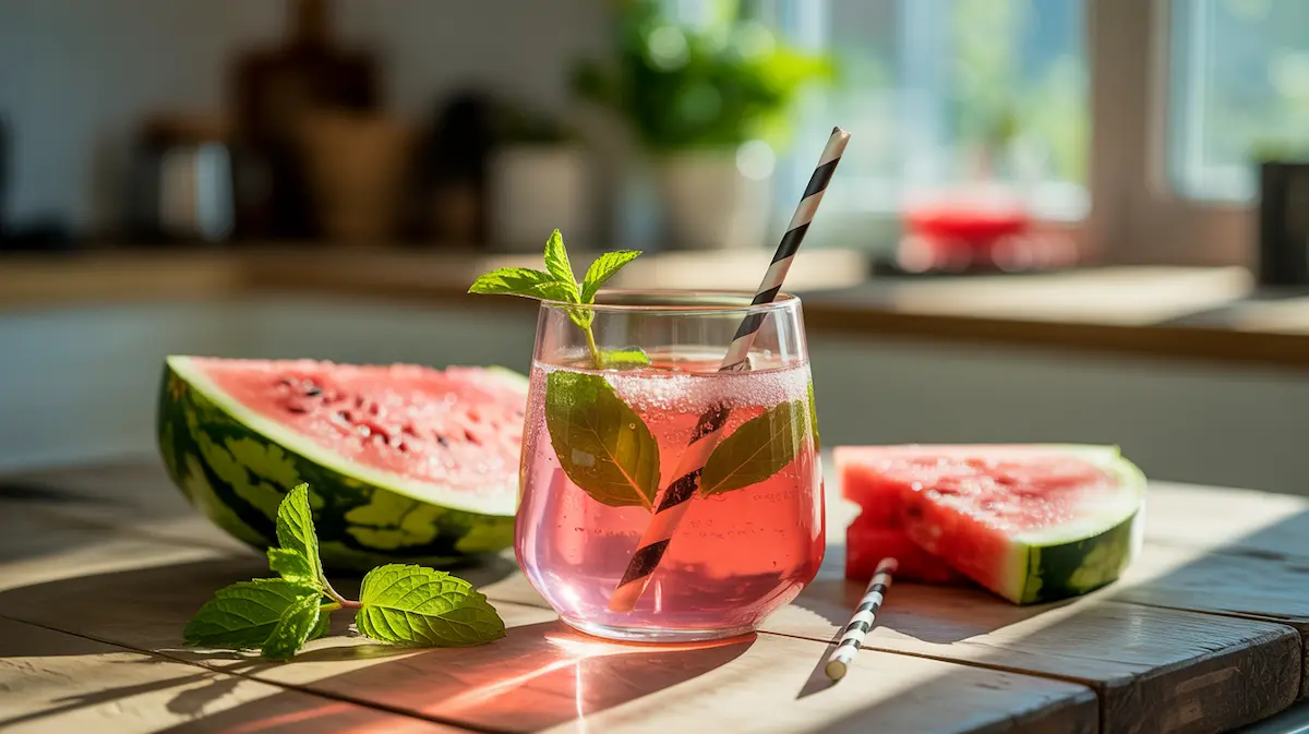 glass of watermelon energy drink with fresh mint