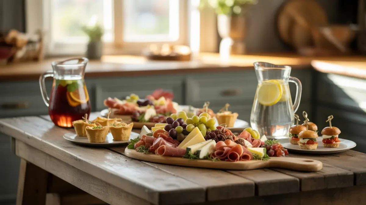 Elegant spread of Finger Food and Appetizers on wooden table