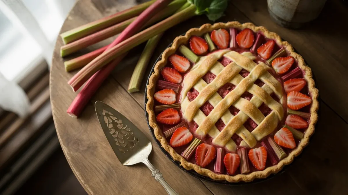 Sourdough strawberry rhubarb pie with lattice crust
