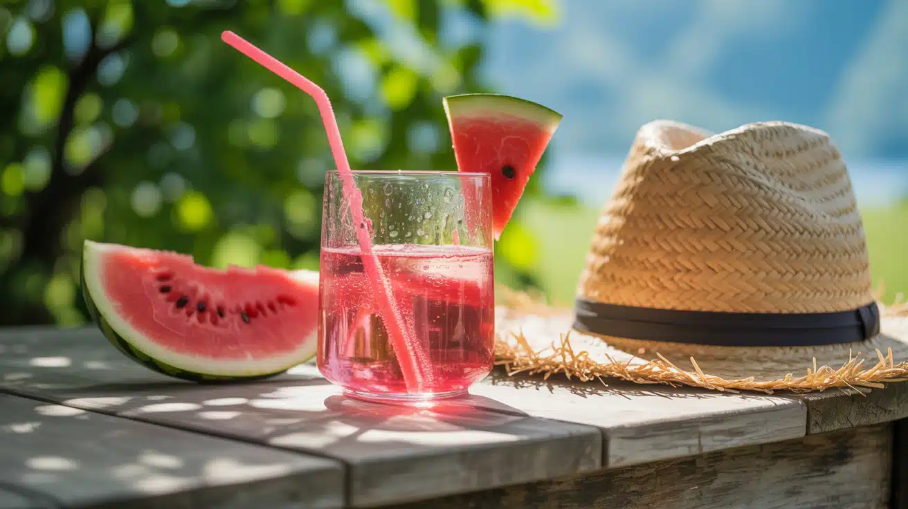 served watermelon energy drink on outdoor table
