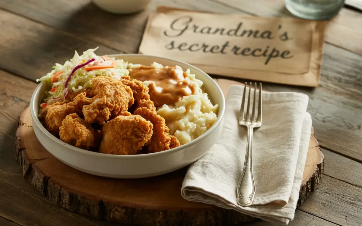 Homemade KFC bowl with a recipe card