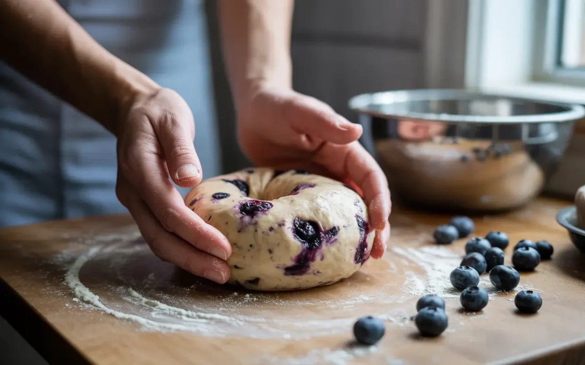 Shaping blueberry bagel dough by hand