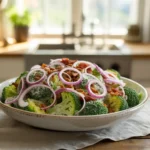 Creamy broccoli cauliflower salad in a white bowl