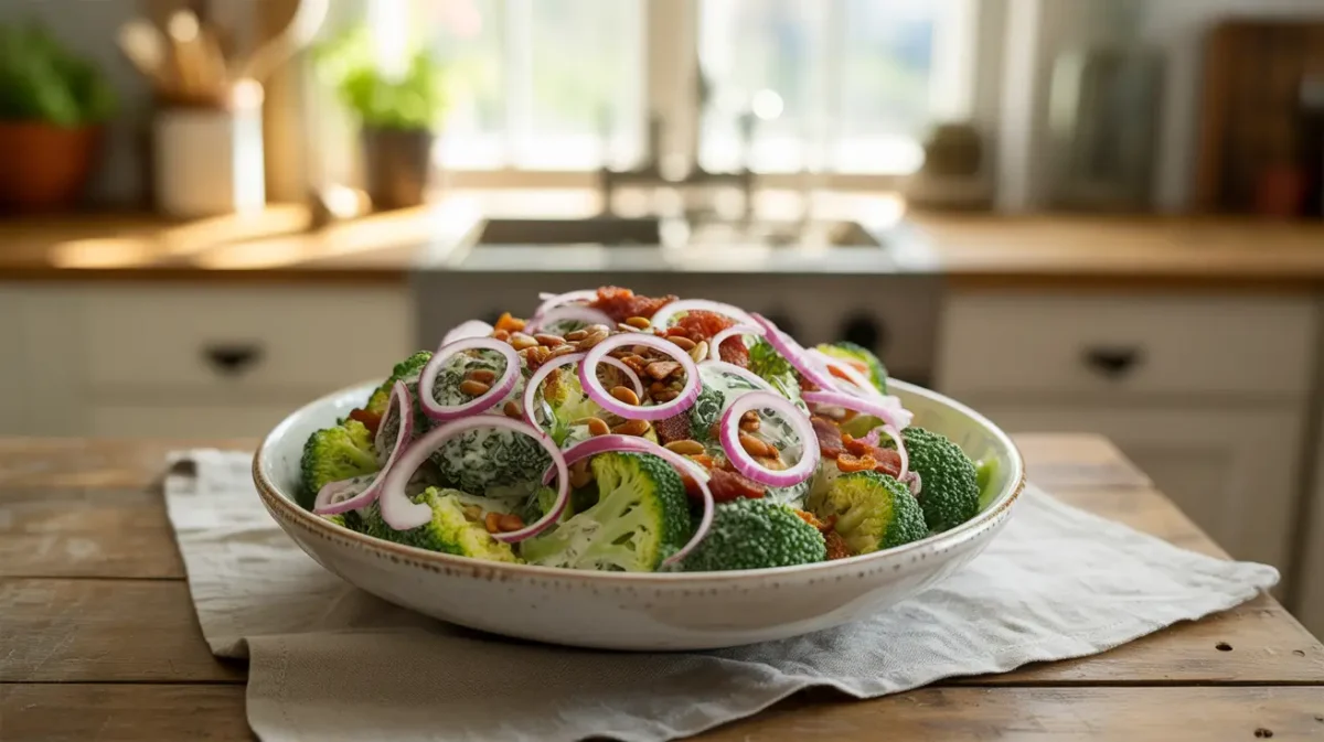 Creamy broccoli cauliflower salad in a white bowl