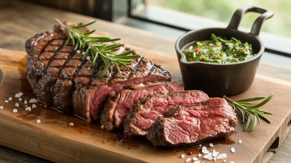 Grilled sirloin cap steak on a wooden board