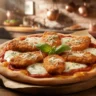 Overhead shot of Chicken Parm Pizza with basil